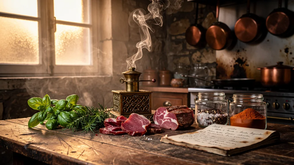 Cuisine rustique avec fumée douce et outils pour enfumer, ambiance gourmande et chaleureuse