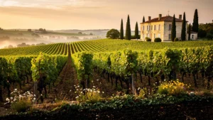 Paysage hyper-réaliste des vignobles de Lussac Saint Emilion 2022 au coucher du soleil, terroir et chai en arrière-plan