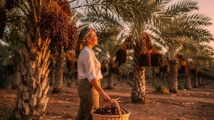 Portrait photo réaliste d’un maître dattier dans un verger de palmiers dattiers au coucher du soleil