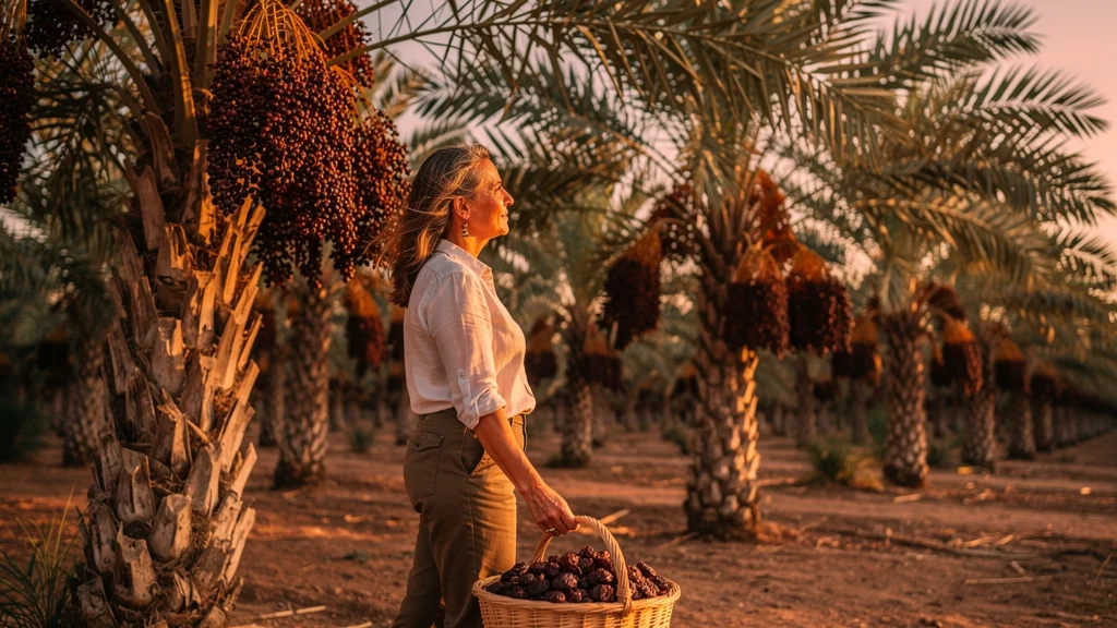 Portrait photo réaliste d’un maître dattier dans un verger de palmiers dattiers au coucher du soleil