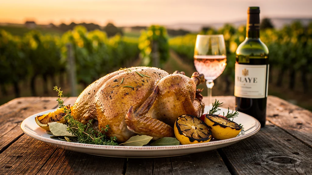 Assiette de volaille rôtie dorée en lumière dorée dans un vignoble, accord mets et vin Blaye réussi