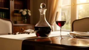 Décanteur de Pomerol rouge ouvert une heure avant le repas sur table élégante en lumière naturelle dorée