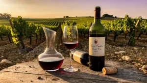 Photo réaliste d'une bouteille Saint Emilion Grand Cru 2022 avec verre et vignoble au coucher de soleil