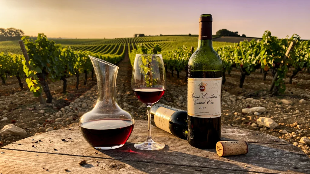 Photo réaliste d'une bouteille Saint Emilion Grand Cru 2022 avec verre et vignoble au coucher de soleil