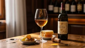 Photo réaliste d’un verre de vin Sauternes doré vieilli 12 mois sur table en bois avec raisins et miel