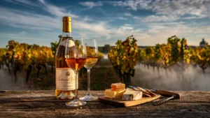 Bouteille de Sauternes Yquem et verre sur table en bois dans un vignoble doré, ambiance élégante et chaleureuse