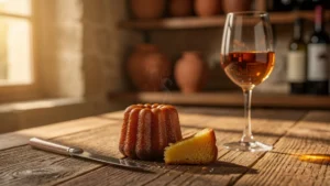 Canelé tiède et verre de Monbazillac sur table rustique, accord gastronomique élégant et chaleureux