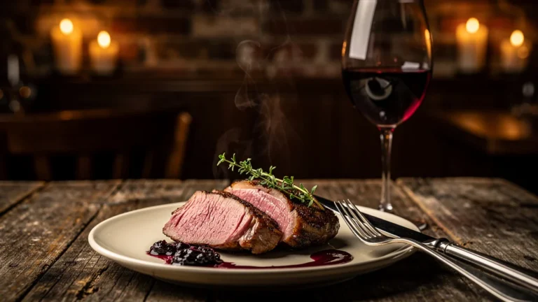 Photographie réaliste d'un magret de canard accompagné d'un verre de Madiran rouge tannique élégant