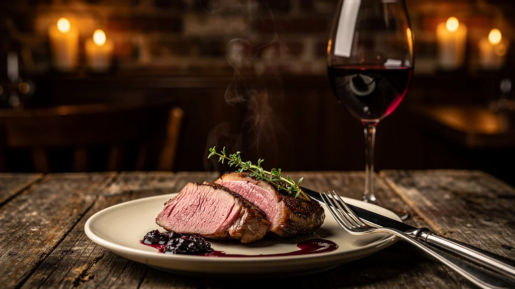 Photographie réaliste d'un magret de canard accompagné d'un verre de Madiran rouge tannique élégant