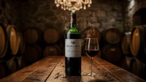 Bouteille de Margaux servie trop chaude avec arômes fruités perdus dans une cave élégante