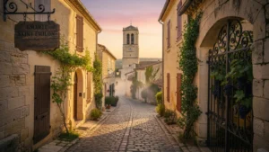 Vue hyper-réaliste de Saint-Émilion au coucher du soleil avant la visite touristique