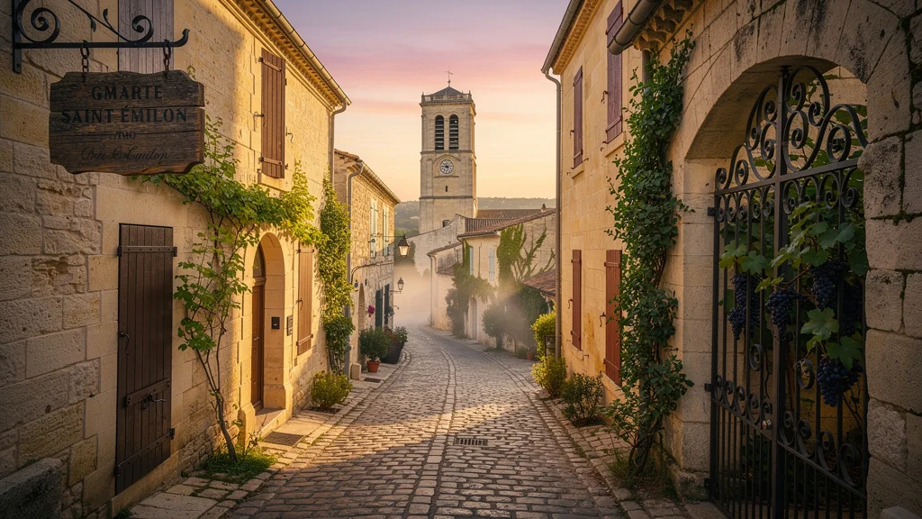 Vue hyper-réaliste de Saint-Émilion au coucher du soleil avant la visite touristique